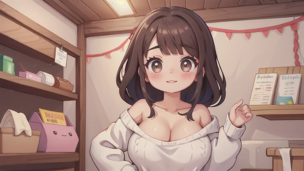 Sexy and cute woman, brown bangs, seductive gaze, blushing intensely, smiling, parted lips, oversized sweater, bare shoulders