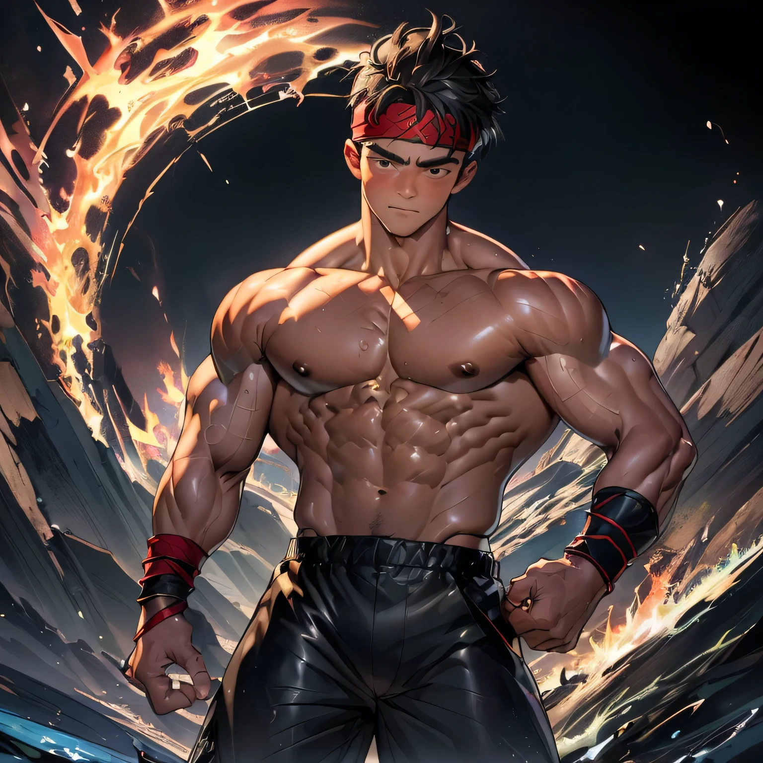 (Masterpiece, Best quality 19 year old boy, black background, cowboy shot), solo, Young, boy, muscler, Shirtless, topless, (Dark Short straight hair, under cut, brown eyes), (red headband, ((leather fingerless grobe, black wristband))), defined round beefy pectorals, defined washboard abs, Vivid colors, muscler!, muscler, muscler body, detailed face, detailed muscle, (((A magical mystical glowing aura, cosmic power glowing and flourishing, rippling muscles, fighting pose, struggle, combats)))