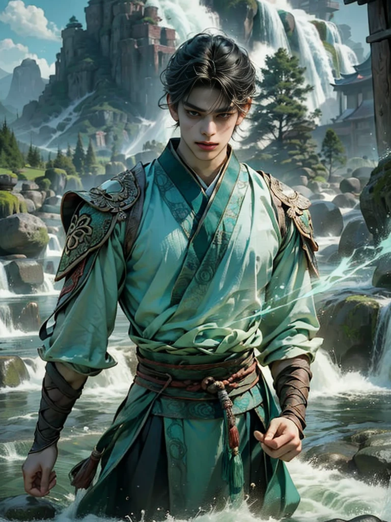 Yichen, the handsome man from Danzhongyuan
In the midst of an ancient village surrounded by mountains, Yichen, a sixteen-year-old man stood towering by the stream. The clear water reflected his face as magnificent as a painting, his complexion was smooth, his black eyes were shining sharply, his long black hair was tied. Gather it with a bright red bow.

He wore a light blue antique Chinese dress, made of light texture, fluttering in the wind, the long, ankle-length hem, on the waist adorned with an emerald jade belt. Some of his hair released a flute and mingled with a thin veil embellished with gold floral motifs.

Yichen stood still, staring at the vast sky, speechless. The atmosphere around him was full of peace and quiet. The sound of birds singing in the forest, the sound of water flowing from the stream, all were heart-warming melodies of nature.

He is like a dream image that has fallen out of the past, his magnificent face, combined with a vintage Chinese dress, makes him look even more seductive. The breeze blows through the waving of the hem and sheer fabric, revealing his symmetrical physique.

Yichen, a man full of secrets, a face as beautiful as a goddess, but his glint is obscured by sadness. What will his story be next?

elaboration

Her black hair was long, tied up in a bright red bow.
The eyes are completely black, with a sharp glow.
Whiteness of the skin
Light Blue Antique Chinese Dress
Lightweight fabric, swaying in the wind
Emerald Green Jade Belt
Thin airy fabric is decorated with a golden floral pattern.
Elegant posture. Basics
Mourning Glitter Mysterious
atmospheric

Ancient village
streams
Fattening the mountain
woodland
Wide sky
Fresh air
Quiet
undisturbed
temperament

picturesque
undercover
grieved
graceful
dignified