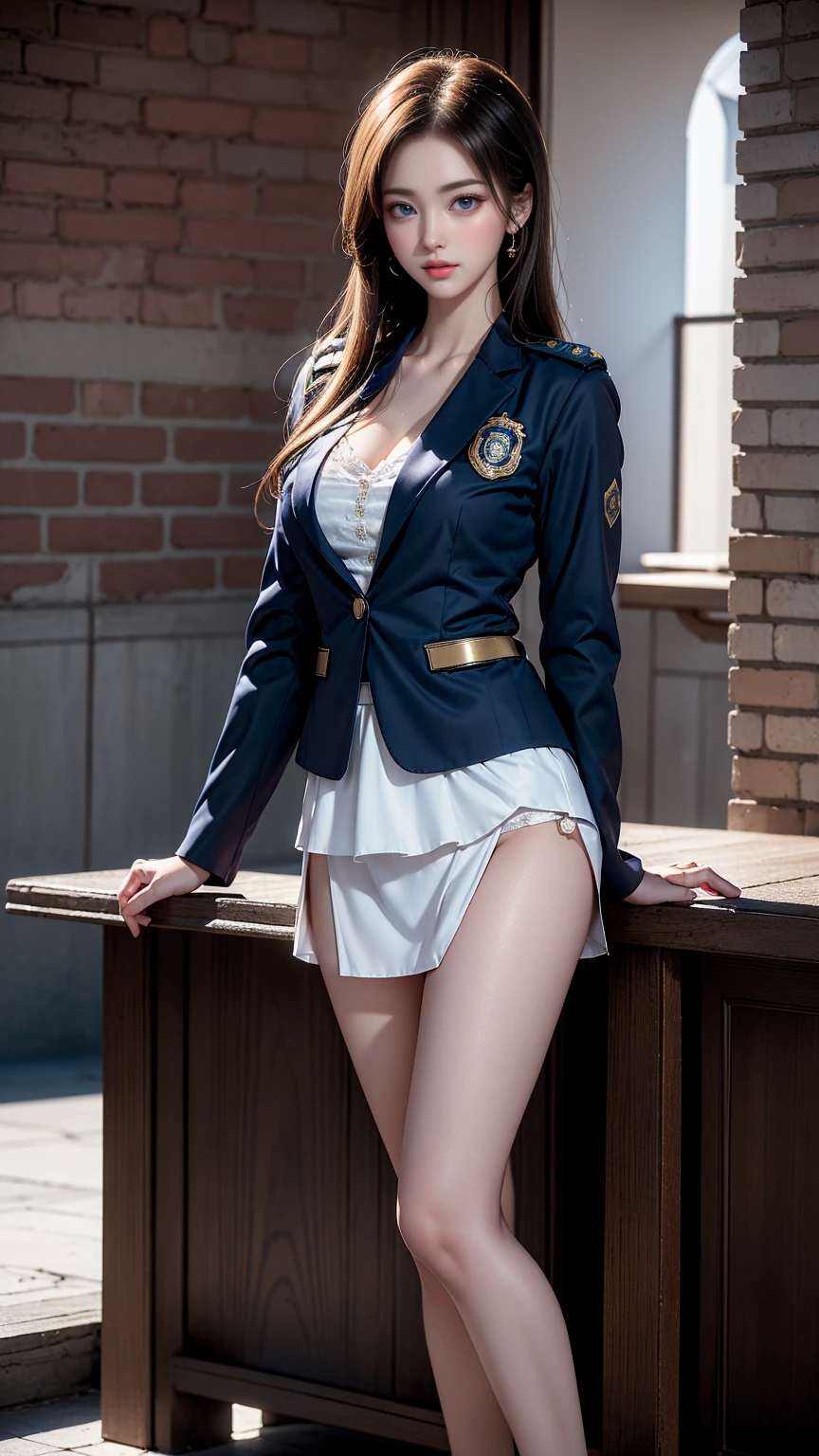 ((A policewoman standing in front of a brick wall))、（Salute）,Highest quality work,Live-action work,Ultra Premium Graphics,8K HD CG Works,High Quality Graphics,High-definition CG works,10x pixels,Ultra-fine detail：1.1,High level of technical detail：1.1 Photorealistic,Natural light：1.5. Lighting Effects（バーチャルLighting Effects：1． 8）、（Golden White Shorthair）、（Bob Hair）、Thin eyebrows、High nose、Nice red lips、Rose Cheek、Casual makeup face、Cute Face、Perfectly balanced face、Light-toned foundation。 A foundation that enhances the transparency of your skin。 ((female officer:1.5)),((Navy blue jacket with emblem on chest)),((Semi-transparent light blue blouse)),((Navy blue tight skirt))。40k, photograph, On the table, Highest quality, Rain Background, ((1.A girl with beautiful eyes and light hair, White skin, Mr.A Pose.((Medium chest::1.1)), Highest quality, On the table, Ultra-high resolution, (Real::1.4), RAWphotograph, (Perfect figure), (slim::1. 3), slimな腹部, 完璧なslim体型, Dynamic Pose, One person, Cold light 12000K, Fine face and skin texture, Fine grain, Realな目, 美しいFine grain, (Real肌), charm, Ultra-high resolution, Surreal, Very fine,Long legs、High heels、（Smile）、（I see white panties、