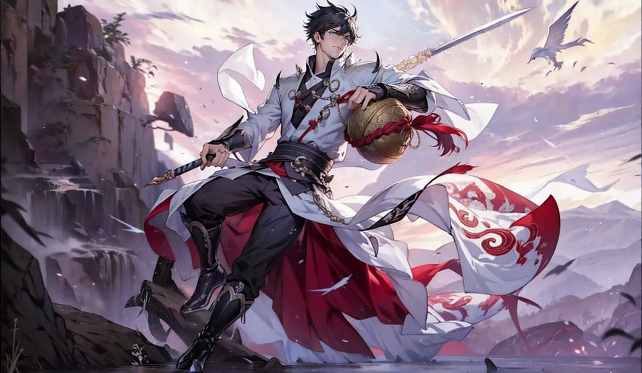 Anime com cores muito vivas, linhas sombras e cores bem definidas, um close up de uma pessoa segurando uma espada e um porongo, por Yang J, Heise Jinyao, keqing do impacto genshin, zhongli do impacto genshin, cai xukun, arte oficial, mobile wallpaper, handsome guy, cabelo castanho claro, in demon slayer art, inspired por Yang Jin, Qi Yang, inspirado em Huang Shen, olchas logan cura liang xing