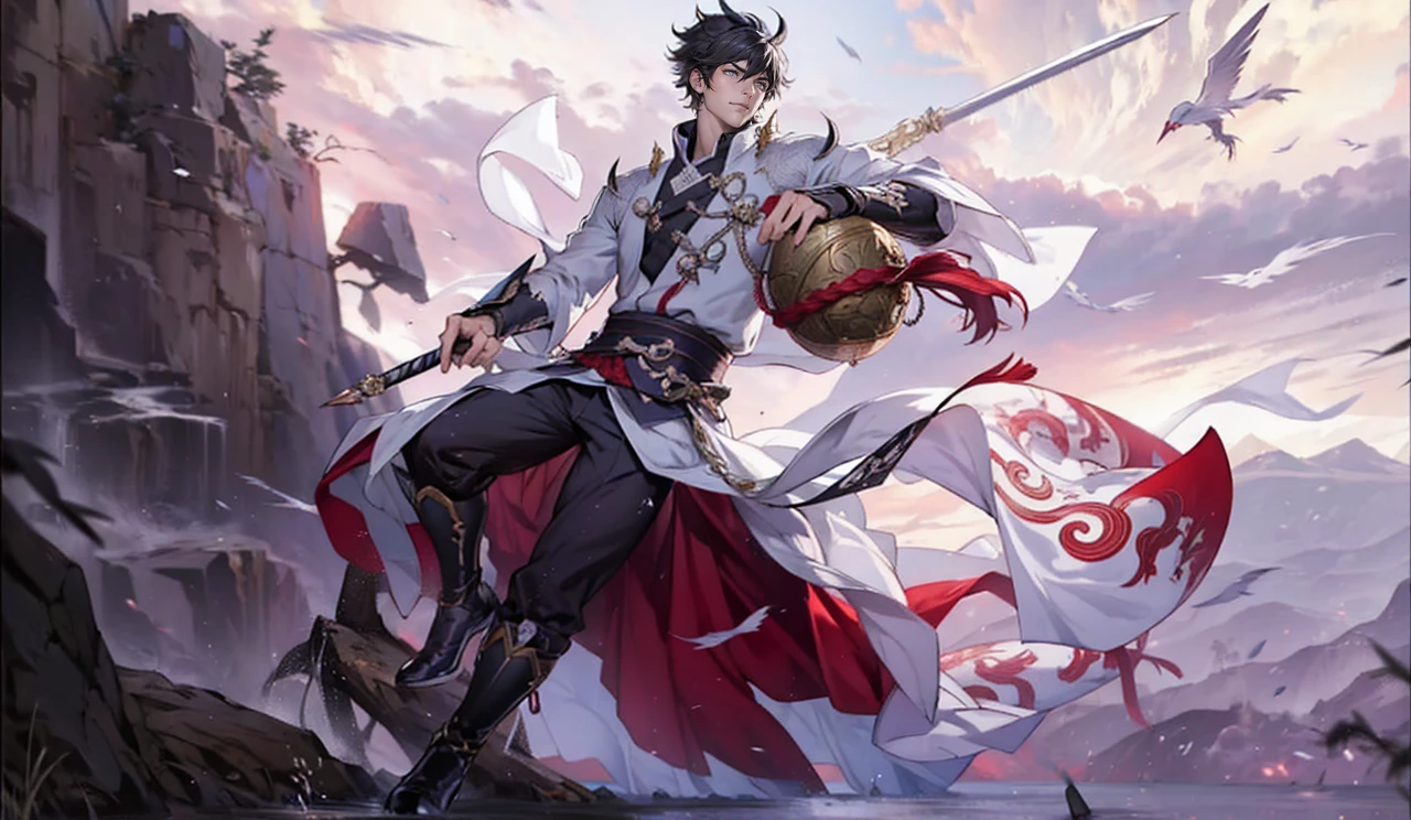 Anime com cores muito vivas, linhas sombras e cores bem definidas, um close up de uma pessoa segurando uma espada e um porongo, por Yang J, Heise Jinyao, keqing do impacto genshin, zhongli do impacto genshin, cai xukun, arte oficial, mobile wallpaper, handsome guy, cabelo castanho claro, in demon slayer art, inspired por Yang Jin, Qi Yang, inspirado em Huang Shen, olchas logan cura liang xing