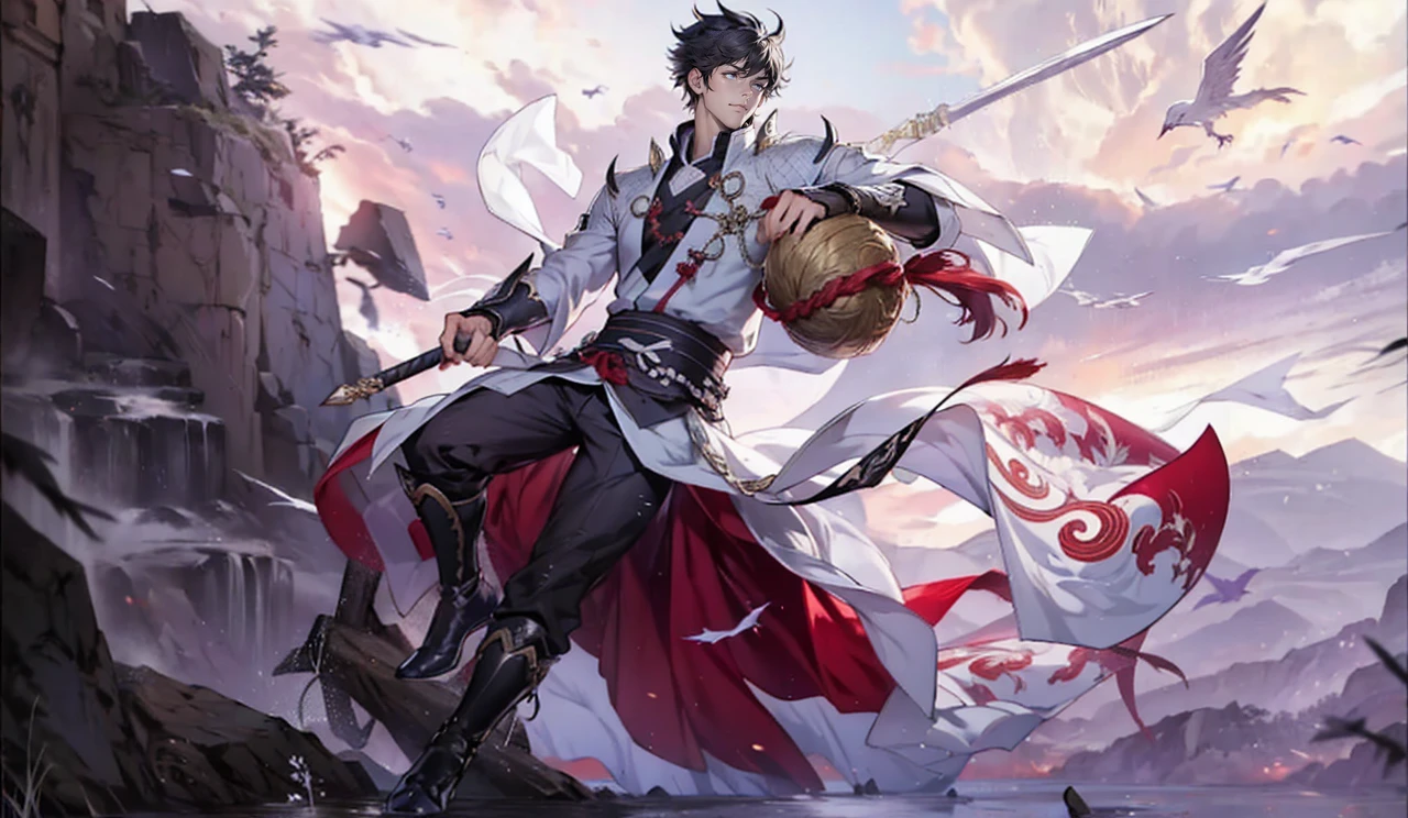 Anime com cores muito vivas, linhas sombras e cores bem definidas, um close up de uma pessoa segurando uma espada e um porongo, por Yang J, Heise Jinyao, keqing do impacto genshin, zhongli do impacto genshin, cai xukun, arte oficial, mobile wallpaper, handsome guy, cabelo castanho claro, in demon slayer art, inspired por Yang Jin, Qi Yang, inspirado em Huang Shen, olchas logan cura liang xing