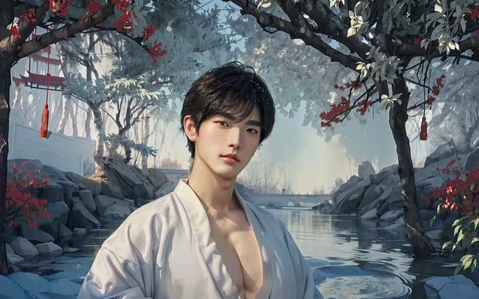 white robe good-looking boy, boy,handsome boy,traditional Chinese painting,traditional Chinese art,(((looking at you))),(gazing at you),muscular,(broad shoulders),((huge wide chest)),(((huge plump chest))),((bursting chest)),(((huge muscle ))),(((hyper pecs))),(big chest),(bodybuilder),((beautiful cleavage)), (Voluptuous),  (gigantic breast:1.4),  Curvaceous, deep cleavage