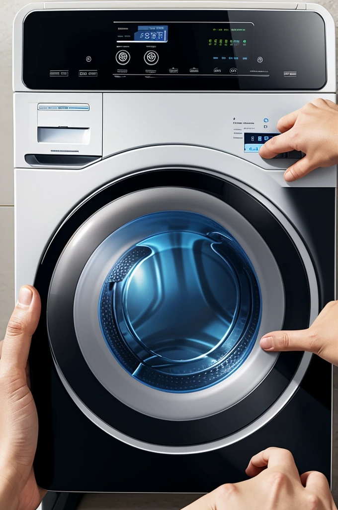 Generate an image of a smart washing machine with the following characteristics:
design Touch screen Wi-Fi connection to control the Smart functions such as washing programming