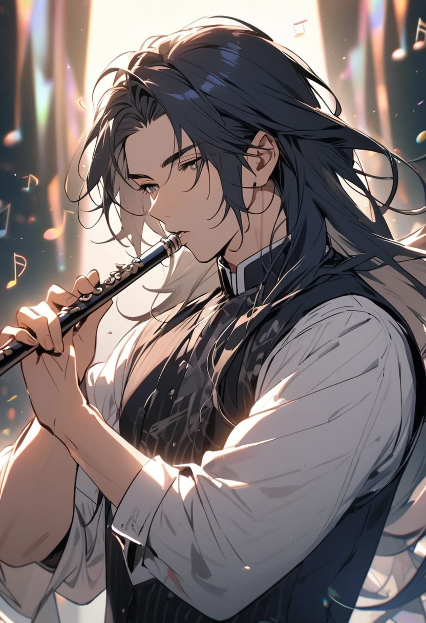 male, solo, handsome, navy hair, long hair, musician, music notes, beautiful background, blowing the flute