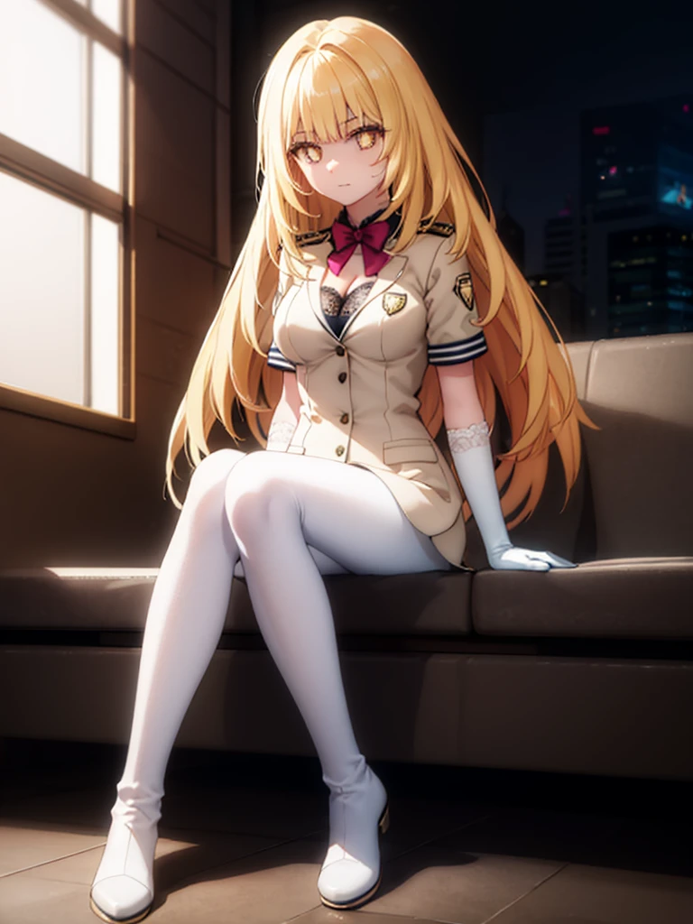 ,long hair,straight_hair,bright_pupils,cleavage,slender_waist,ankle_boots,elbow_gloves,1girl,white_pantyhose,lace,Uniforms