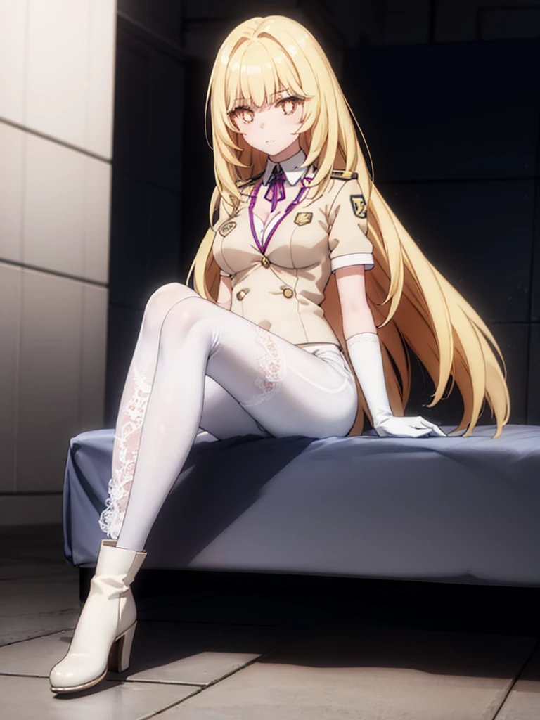 ,long hair,straight_hair,bright_pupils,cleavage,slender_waist,ankle_boots,elbow_gloves,1girl,white_pantyhose,lace,Uniforms