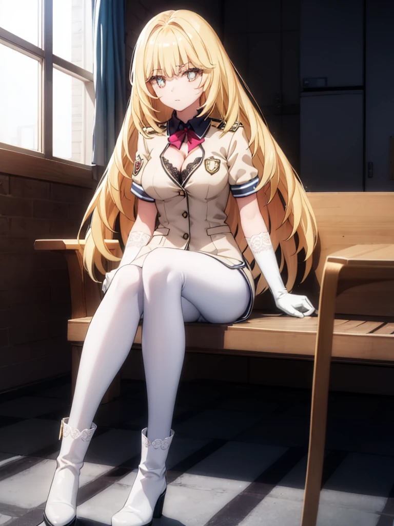 ,long hair,straight_hair,bright_pupils,cleavage,slender_waist,ankle_boots,elbow_gloves,1girl,white_pantyhose,lace,Uniforms