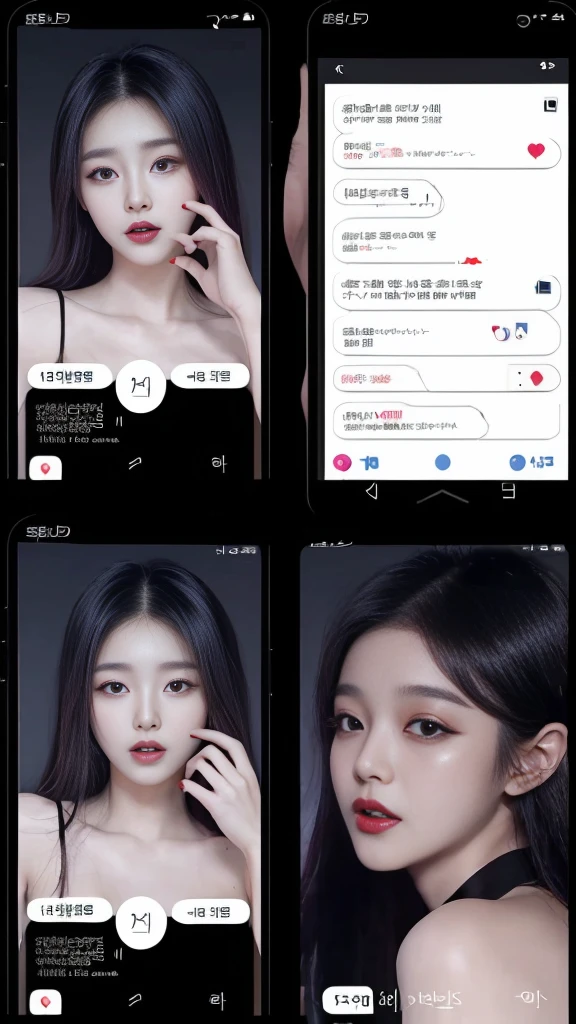 (high quality), (SFW), (vertical split screen:1.6), (Various scans:1.5), (A mature prostitute who enjoys a smartphone chat app with numerous Korean adult men.... : 1.6), (20-year-old Korean girl : 1.5), (The girl has dyed hair and pretty face makeup... : 1.4), (She is wearing a feminine dress and stockings..., Sitting on bed wearing strappy high heels and chatting online with several men.....), Her smartphone display shows numerous Korean adult men chatting with her....., Chat language is English., (The man is waiting for her answer.,:1.4), A pop-up window will appear on both her and his smartphones......, Each other'chat history, Online Profiles and Photos, And the man looks at her smartphone screen and waits for her answer......, He and she take turns messaging on a chat app..., her time is night,