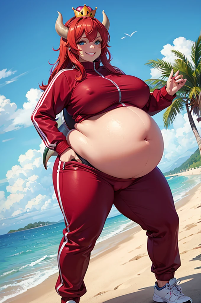 fat and pregnant seductive bowsette, obese, overweight, bbw, red hair, dark skin, big luscious lips, chubby, plump, bbw, big breasts, tracksuit, beach, grinning
