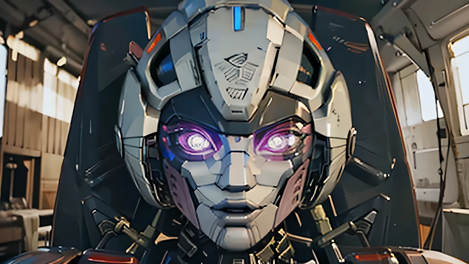 ROTB_Arcee, 1 chica, sonrisa, robot, mecha, (ojos brillantes:1.2), face reference, face focus, frontal de cara, retrato, referencia de cara, de frente , mirando al espectador. viendo de frente, cara completa, busto de pecho hacia arriba