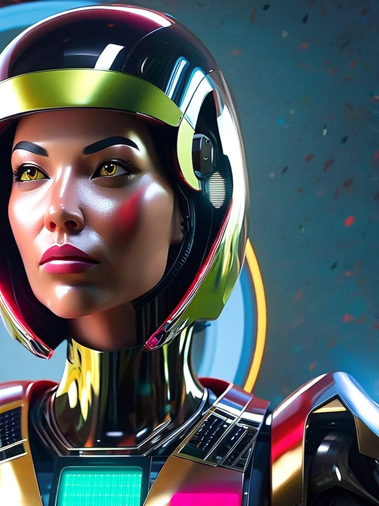 beautiful cyborg pilot girl in a cyberpunk latex suit, standing in front of a large golden red robot, 8k, 4k, detailed, hyper realistic, cinematic lighting, dramatic composition, intricate details, vibrant colors