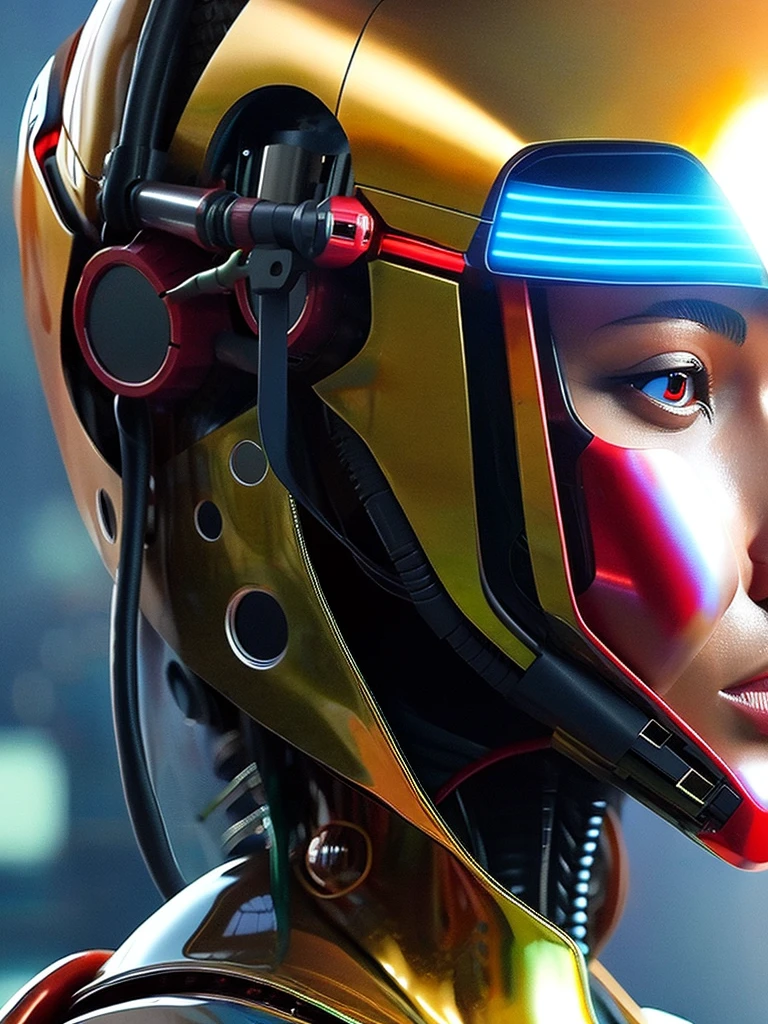 beautiful cyborg pilot girl in a cyberpunk latex suit, standing in front of a large golden red robot, 8k, 4k, detailed, hyper realistic, cinematic lighting, dramatic composition, intricate details, vibrant colors