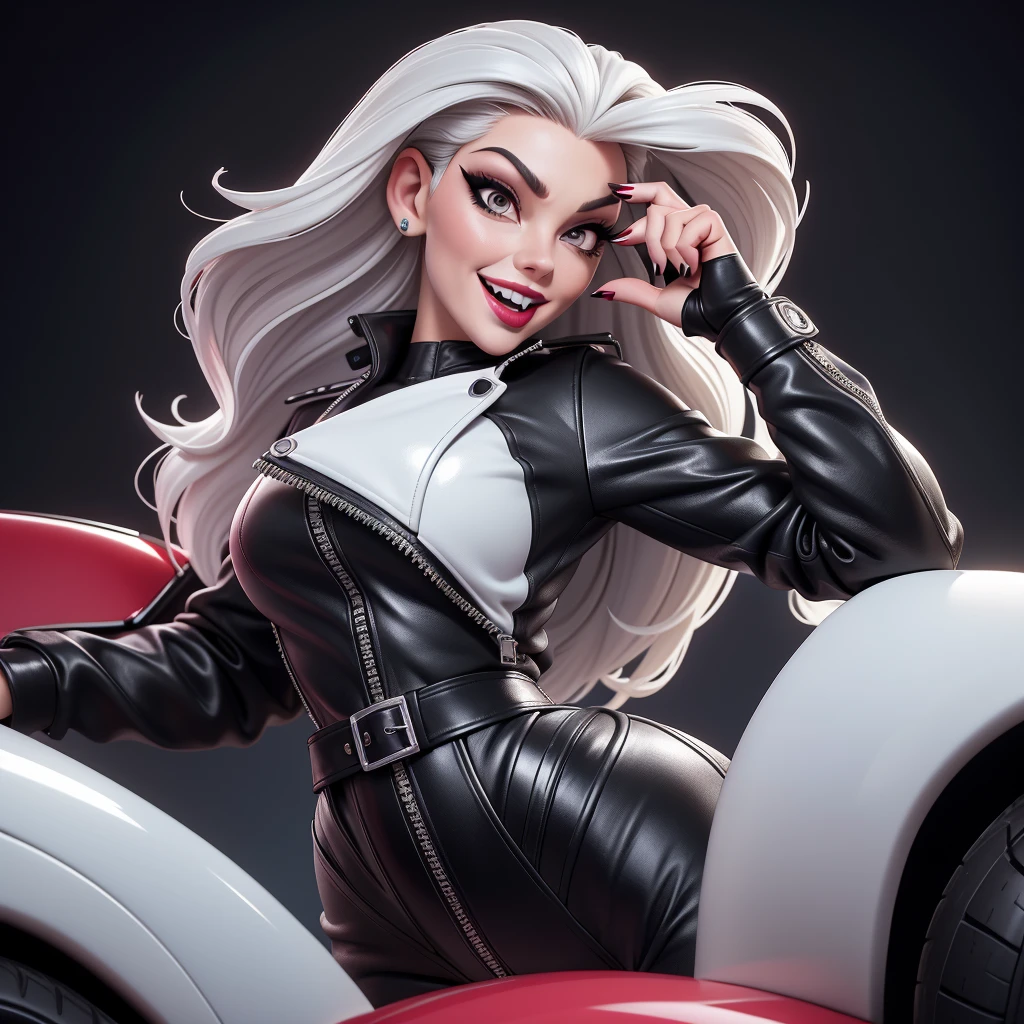 obra prima, melhor qualidade, 2 women, (emma peel vamp 70yo face wrinkles,) head back, sassy wicked girl, big toothy smile, open mouth, ((white lipstick,)) thick smoky black eye shadow, long fake eyelashes, raven black mullet hair, ((cherry red leather biker jacket and pants,)) with studs zippers snaps, shiny leather gloves, body is skinny, laying down on hood of sports car, shiny tight buttocks, dazzle pose, pinup pose, exaggerated selfie pose, camera view of whole body, looking up at me, shallow depth of field, highres, HD, 8k, anatomically correct