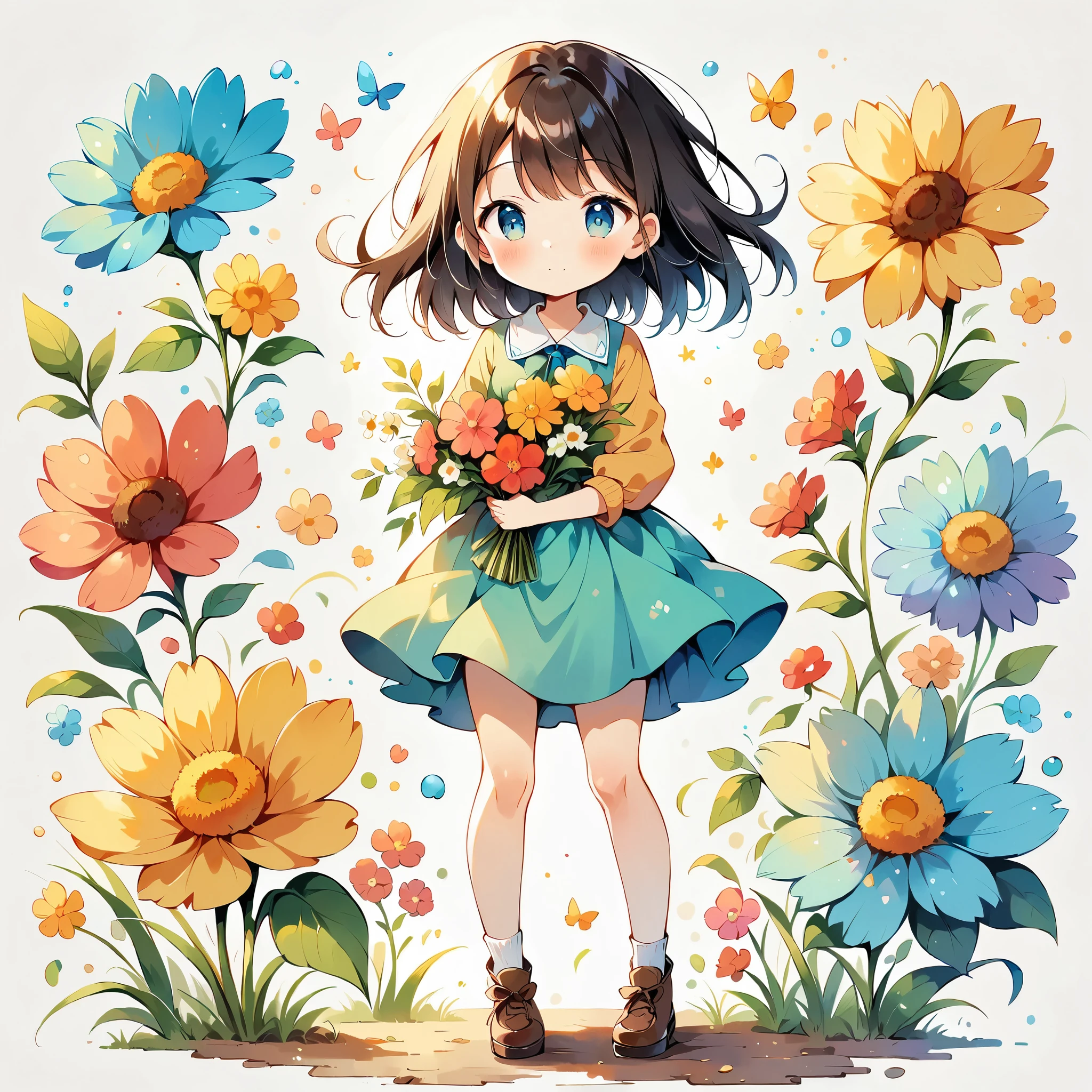 (Anime Style:1.2, masterpiece:1.2),(((1 girl))),((Little, Full body view))), Girl wearing flowers, Watercolor, Simple illustration, Flower storm, Colorful Water Bubbles, 