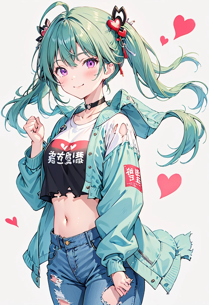 One girl,alone,pants,Jacket,denim,belly button,Ahoge,smile,jeans,abdomen,torn pants,Twin tails,Crop top,Purple eyes,View your viewers,torn jeans,green Jacket,Aqua Hair,shirt,open Jacket,Torn clothes,Virtual YouTuber,Long sleeve,Open clothes,White Background,white shirt,Simple Background,Clothes writing,Mouth closed,cropped Jacket,aqua Jacket,Cowboy Shot,cropped shirt,blush,choker,hair ornaments,heart,collar,Hair between the eyes,Green Hair,Show your hand,Medium Hair,print shirt,black choker,Long Hair,Side Lock,blue pants,Stomach,Gray background,Are standing,Clenched hands,,Pink Eyes,chest,