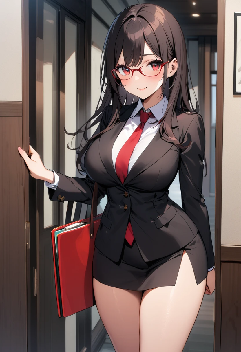 1 girl,black long hair,large ,red eyes,wide hips,curvy,glasses,black suit,miniskirt,tights,holding a folder with her right hand,entrance