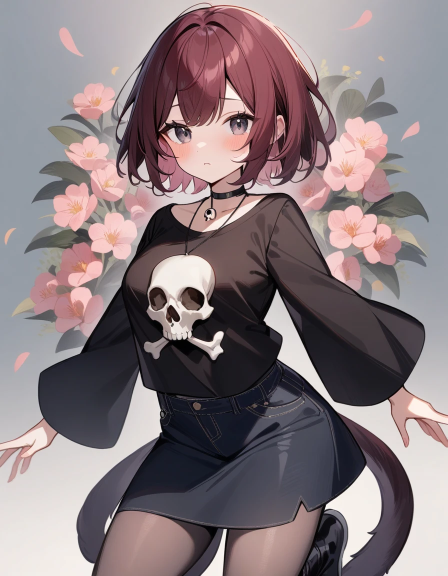 1girl, Girl, Dark red hair, black eyes, two tails with little hair, short hair in the middle of the neck, black necklace on the neck, black t-shirt with a skull, underneath a long-sleeved black t-shirt with flowers on it. the edges, dark blue half-short jean skirt, knee-length black boots, gray pink wavy tights, gray pink shoes, masterpiece, best quality, very aesthetic,