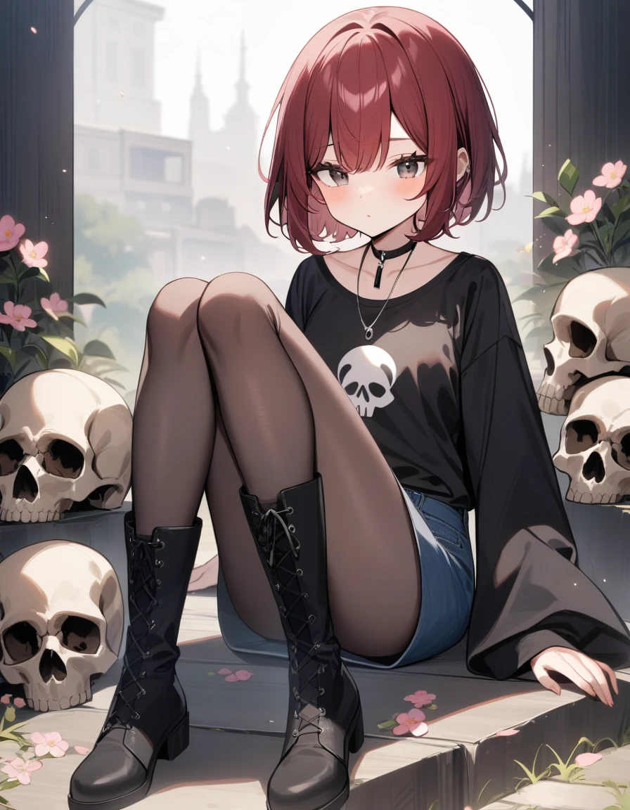 1girl, Girl, Dark red hair, black eyes, two tails with little hair, short hair in the middle of the neck, black necklace on the neck, black t-shirt with a skull, underneath a long-sleeved black t-shirt with flowers on it. the edges, dark blue half-short jean skirt, knee-length black boots, gray pink wavy tights, gray pink shoes, masterpiece, best quality, very aesthetic,