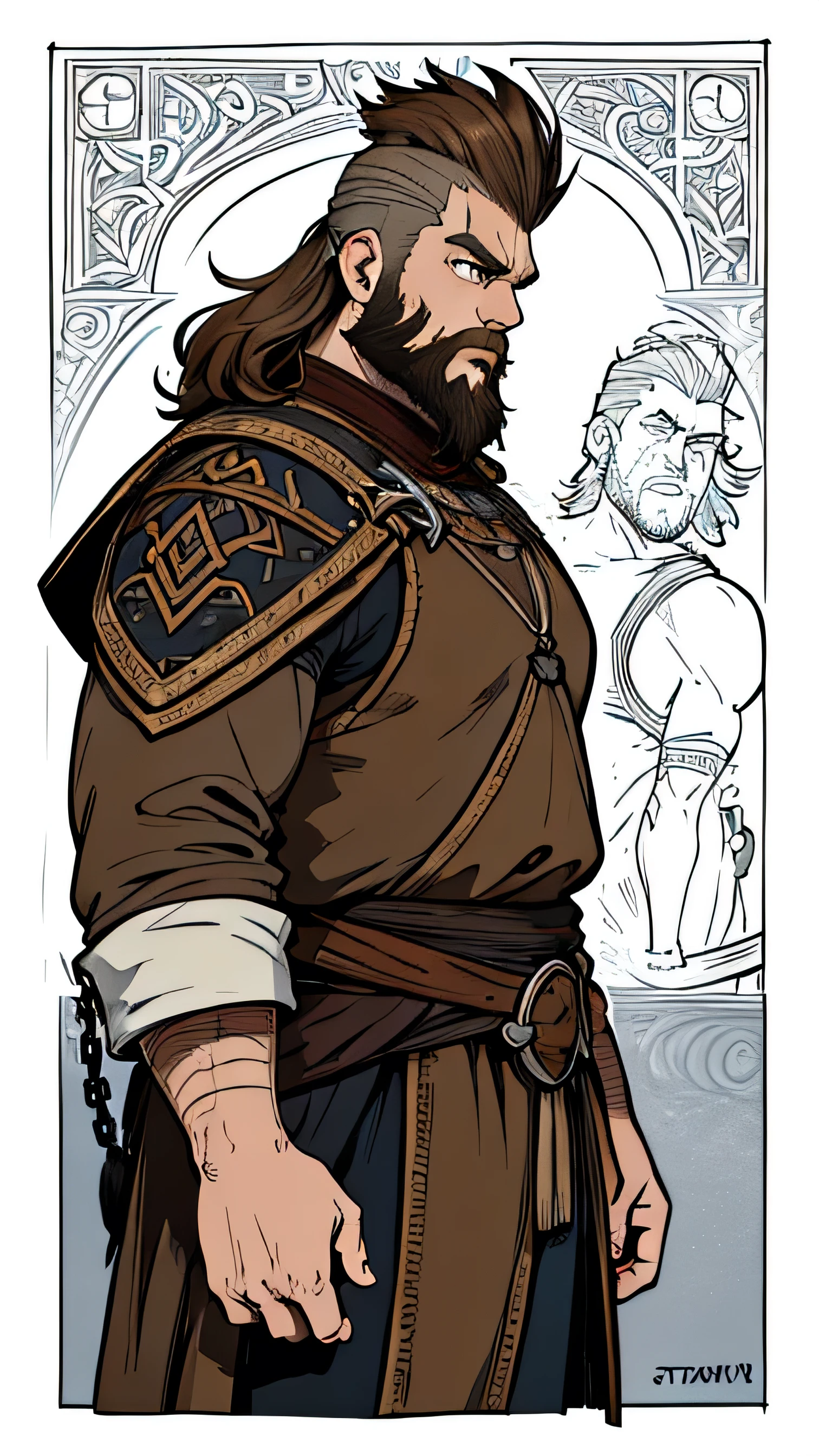 Man, athletic, handsome, 8k, masterpiece, medieval fantasy character, grey eyes, light brown hair, Viking beard, chainmail, medium length hair, upper body, stocky, mohawk, fantasy dwarf, colored lineart, , best quality, hi-res, hi-resolution