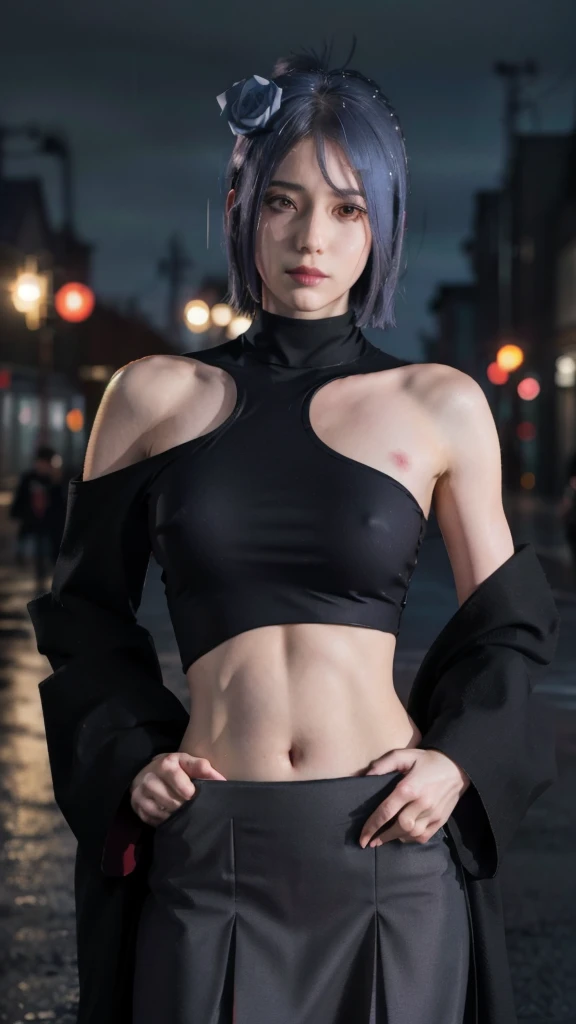 1girl,solo,konan \(naruto\),(upper body:1.2),((akatsuki outfit), bare shoulder, crop top, skirt),narrow waist,looking at viewer,masterpiece,best quality,absurdres,highly detailed,photo realistic,best shadow,dramatic lighting,depth of field,outdoors,rain,city,night, standing, hands on hip