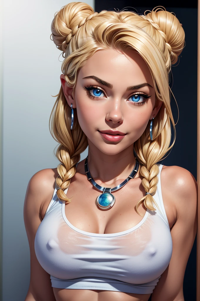 ((ultra quality)), ((tmasterpiece)), gnome girl, Short stature, ((blonde woman, hairlong, braided)), (silver ear rings), (silver necklace around the neck), (Beautiful cute face), (beautiful female lips), Charming, ((sexy facial expression)), looking at the camera smiling softly, eyes are slightly closed, (Skin color: white), Body glare, ((detailed beautiful female eyes)), ((dark blue eyes)), (juicy female lips), (beautiful female hands), (A bit full figure, bun), ((perfect female figure)), perfect female body, Beautiful waist, Gorgeous hips, Beautiful medium breasts, ((Subtle and beautiful)), seductively worth it (close-up of the face), (wearing blackface jeans, white tanktop) background: on the threshold of the house, Hot day, ((Depth of field)), ((high quality clear image)), (crisp details), ((higly detailed)), Realistic, Professional Photo Session, ((Clear Focus)), Miranda Cosgrove