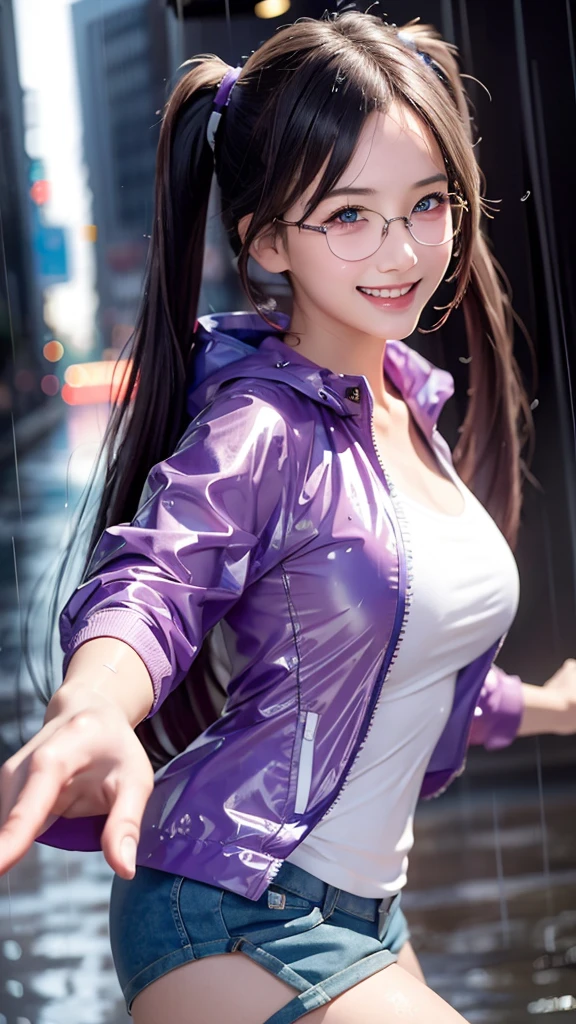 ((Idol level girl)), masterpiece, Best image quality, Super detailed, (Perfect body:1.3), (Perfect Face+Glasses+Messy Hair+Purple and grey long hair), Detailed Hair,Bright smile、Delicate blue eyes, (Vivid eyes),Professional Lighting,Large Breasts, (((a girl dancing in the rain with raincoat))), 8K, of the highest quality, dancing, masterpiece:1.2), (smile:1.3), (joyful expression:1.1), (short pants:1.3), (Realistic, Photorealsitic:1.37), the highest quality, masterpiece, (wet street:0.4), wet, rain, ((twin tails)), Beautiful young woman, Pensive expression, charming, an inviting look, dynamic posing, Cinematic background, Light skin tone,