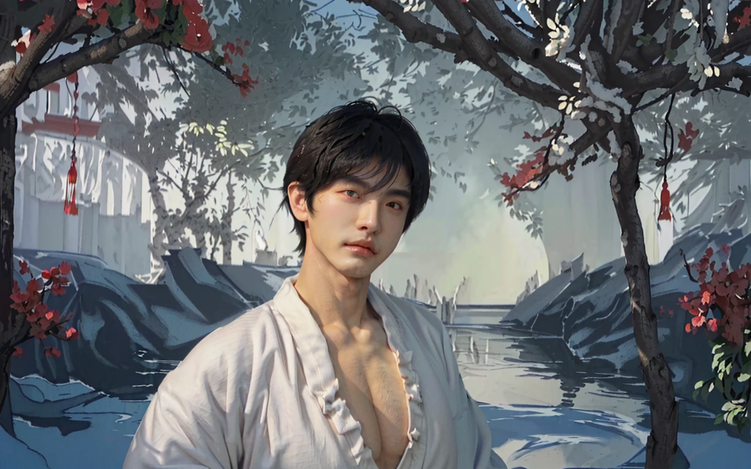 white robe good-looking boy,age boy,handsome boy,traditional Chinese painting,traditional Chinese art,(((looking at you))),(gazing at you),muscular,(broad shoulders),((huge wide chest)),(((huge plump chest))),((bursting chest)),(((huge muscle ))),(((hyper pecs))),(big chest),(bodybuilder),((beautiful cleavage)), (Voluptuous), (gigantic breast:1.4), Curvaceous, deep cleavage