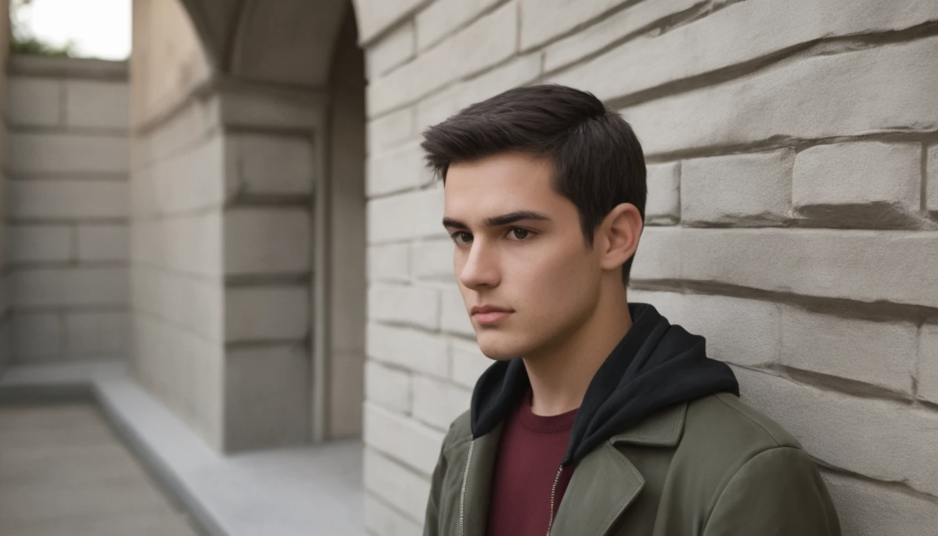 handsome young man alone sad and melancholy in half profile in a castle corridor