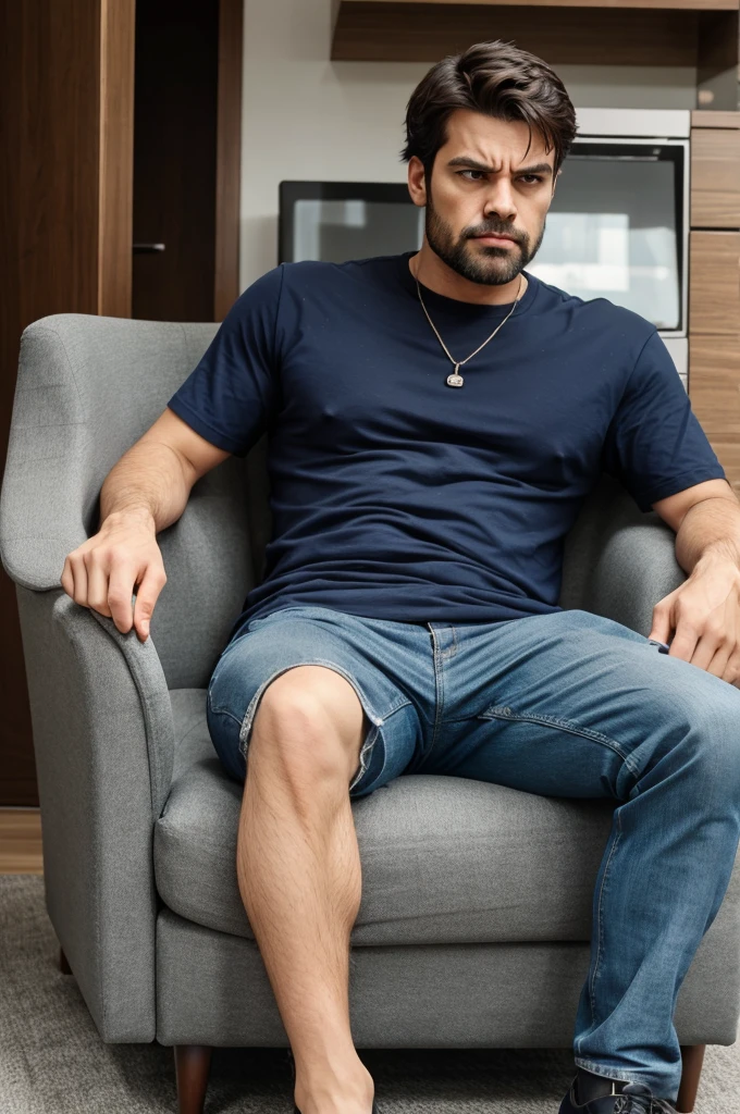 Angry men sitting in chair corss legged