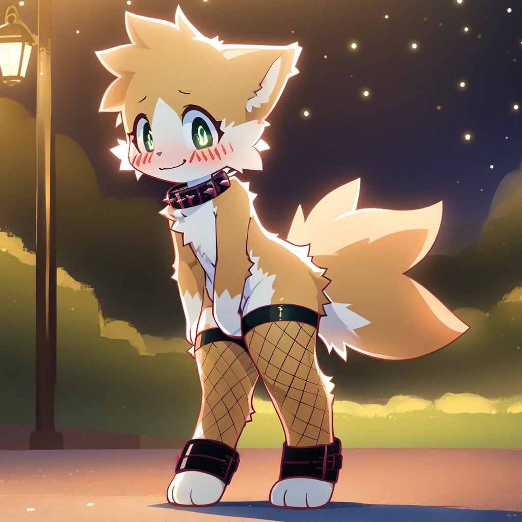 art by dagasi, (solo:1.5), Best Quality, Masterpiece, (Absurdres:), Detailed, Ultra-Detailed, Digital Art, correct anatomy, arms in correct position, full body, (high quality, high res, 4k:1.2), (???:1.5), (small, youthful), rolo, furry, small, (??? female:1.3), fluffy, light orange fur, green cat eyes, (beautiful eyes), juicy thighs, flushed, embarrassed, small nervous smile, blushing, fluffy tail, eyelashes, slightly enjoying, naked, walking through the park, on a very dark night, wearing fishnet stockings, (fishnet sleeves:1.3), (red collar:1.2), (spiked collar:1.1)