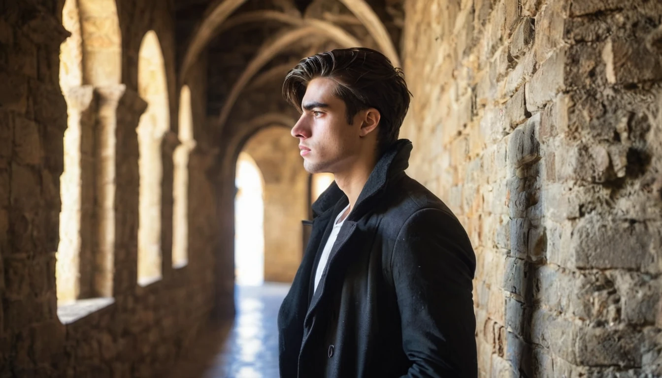 handsome young man alone sad and melancholy in half profile in a castle corridor