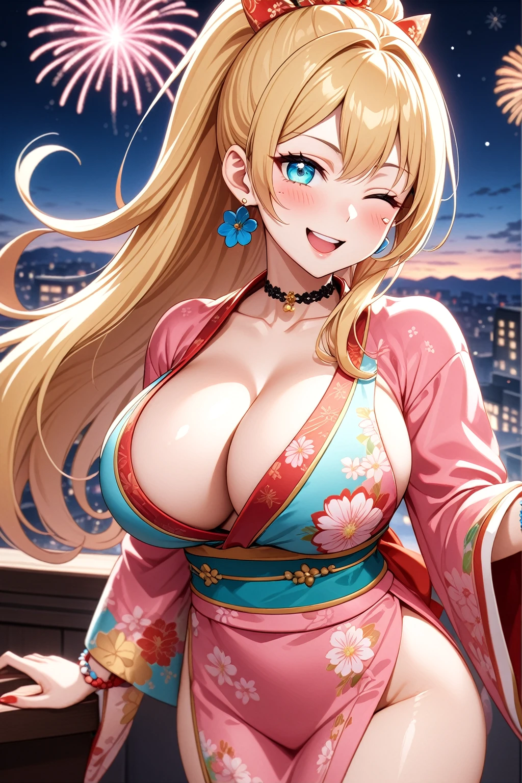 One personの女性)), Beautiful Face,Laughing embarrassedly,((Wink:2.0)),Laugh with your mouth wide open,((Bright red cheeks:1.4)),Glossy pink lips,night,rooftop,Festive decorations,You can see the ocean, firework,Glossy pink lips,Lighting on the face,((Anime style background)),masterpiece, Highest quality, so beautiful, Latest, Complex details, (Pink long nails),(ring),(flower bracelet),Floral choker,AI-generated, Complex,High resolution, Highest quality, super high quality,3D Images、View your viewers、3D Images,One person,Long blonde hair,High Ponytail,Turquoise Eyes,Anime woman posing for a photo, (Fine grain,Colorful eyes,Shining Eyes:1.3),(Squint your eyes:1.1),a hyperRealistic , hyperRealistic , Realistic,Blonde anime woman with long hair, Smooth anime CG art, A woman in a colorful kimono with gold embroidery, (Pink long sleeve kimono),Red floral pattern,Long flower hair ornament,Large floral earrings,(ring),(Big Breasts:1.1),Mature Body,Tall,Big Ass,Narrow waist,Abdominal muscles,(Zoom in on face:1.5),