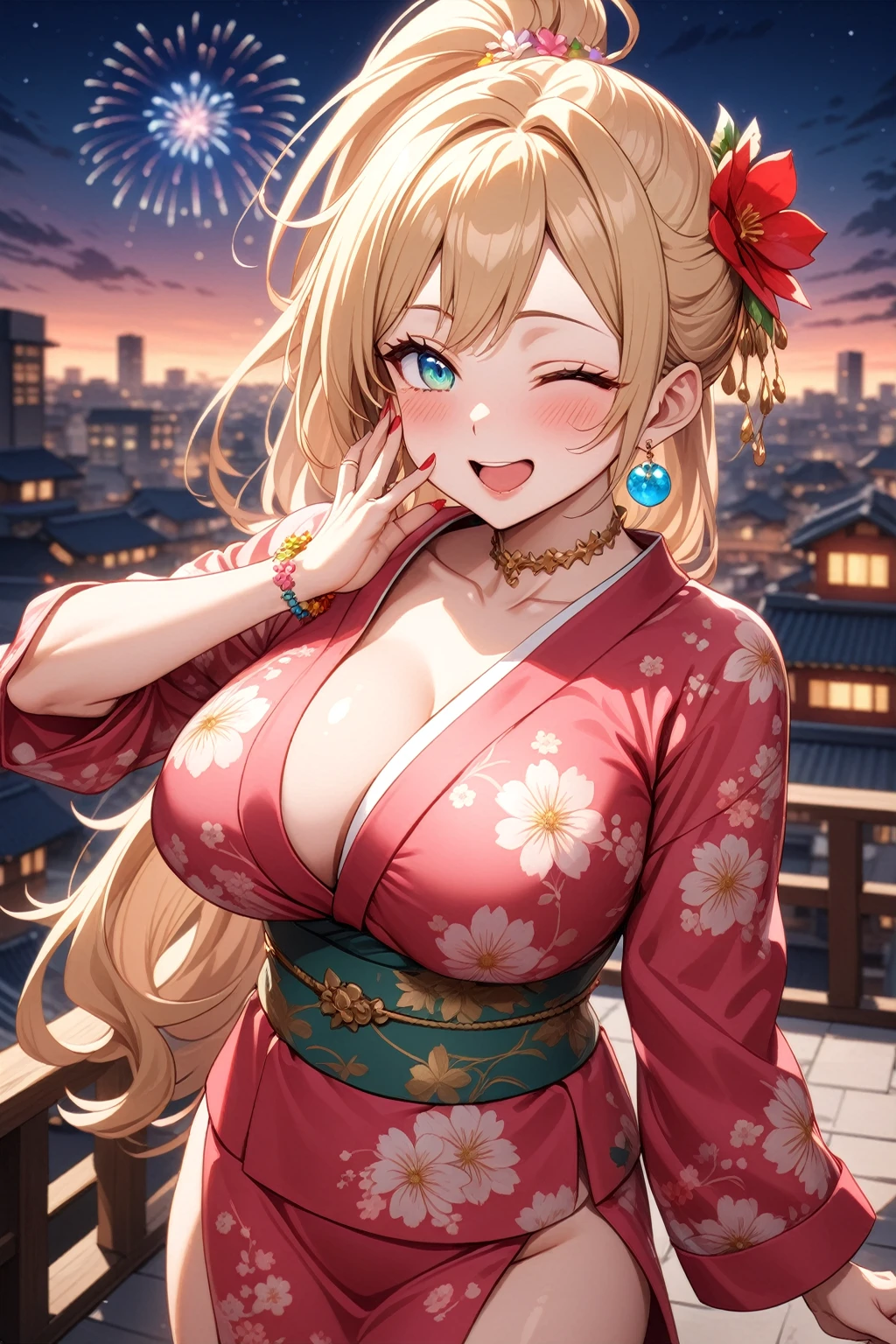 One personの女性)), Beautiful Face,Laughing embarrassedly,((Wink:2.0)),Laugh with your mouth wide open,((Bright red cheeks:1.4)),Glossy pink lips,night,rooftop,Festive decorations,You can see the ocean, firework,Glossy pink lips,Lighting on the face,((Anime style background)),masterpiece, Highest quality, so beautiful, Latest, Complex details, (Pink long nails),(ring),(flower bracelet),Floral choker,AI-generated, Complex,High resolution, Highest quality, super high quality,3D Images、View your viewers、3D Images,One person,Long blonde hair,High Ponytail,Turquoise Eyes,Anime woman posing for a photo, (Fine grain,Colorful eyes,Shining Eyes:1.3),(Squint your eyes:1.1),a hyperRealistic , hyperRealistic , Realistic,Blonde anime woman with long hair, Smooth anime CG art, A woman in a colorful kimono with gold embroidery, (Pink long sleeve kimono),Red floral pattern,Long flower hair ornament,Large floral earrings,(ring),(Big Breasts:1.1),Mature Body,Tall,Big Ass,Narrow waist,Abdominal muscles,(Zoom in on face:1.5),