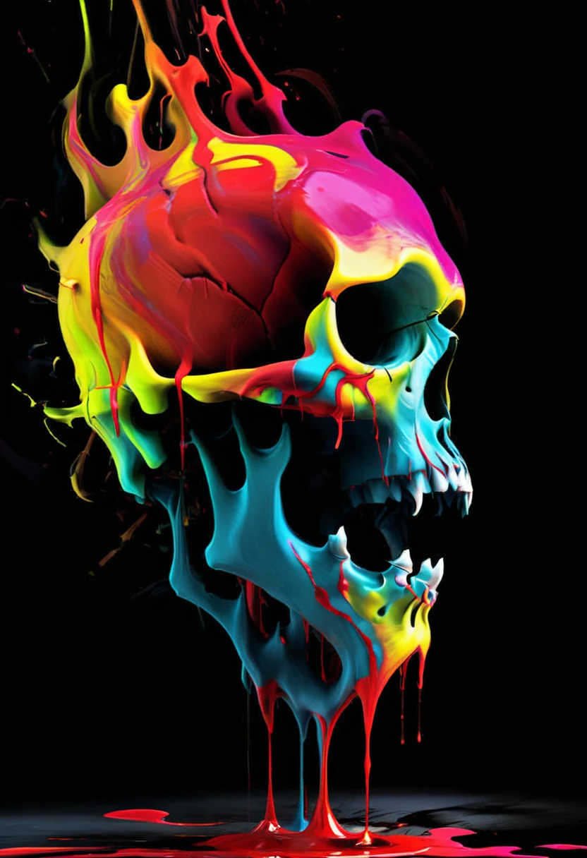 A detailed close up dark artsy skull with ((decaying fading effect)) dull color , ((neon colorful blood dripping)) with tormented in agony expression. Using expressionism vibrant color art with ((high resolution , clear clarification with detailed refine image))