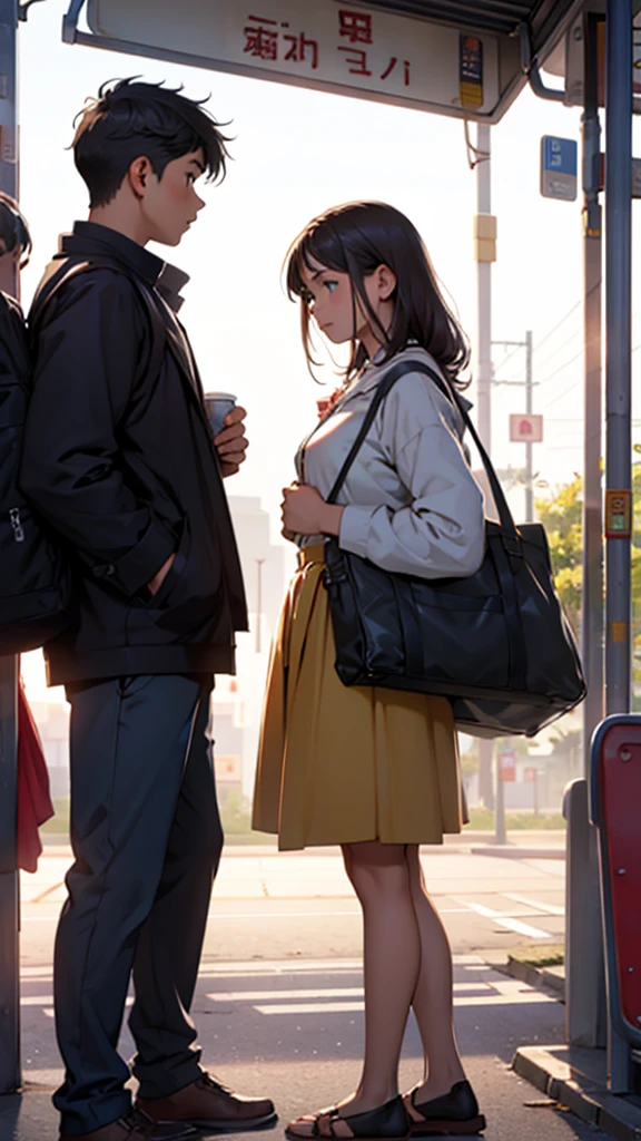 A beautiful girl looking at a boy at the bus stand