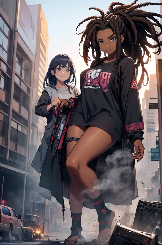 dreadlocks,dark grern hair,pajama pantd,pajsm shirt,bedtime attrie, slippers,tired,dark skin,dark skinned femslr,blue eyes,GtsGiga,Gtscity,Rampage,giantess art,.mature female,solo,1girl,meduim bosom,muscalr woman,milf,best quality,masterpiece