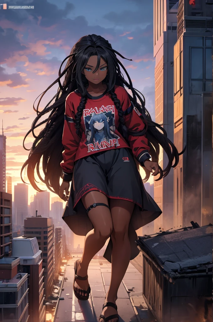 dreadlocks,dark grern hair,pajama pantd,pajsm shirt,bedtime attrie, slippers,tired,dark skin,dark skinned femslr,blue eyes,GtsGiga,Gtscity,Rampage,giantess art,.mature female,solo,1girl,meduim bosom,muscalr woman,milf,best quality,masterpiece