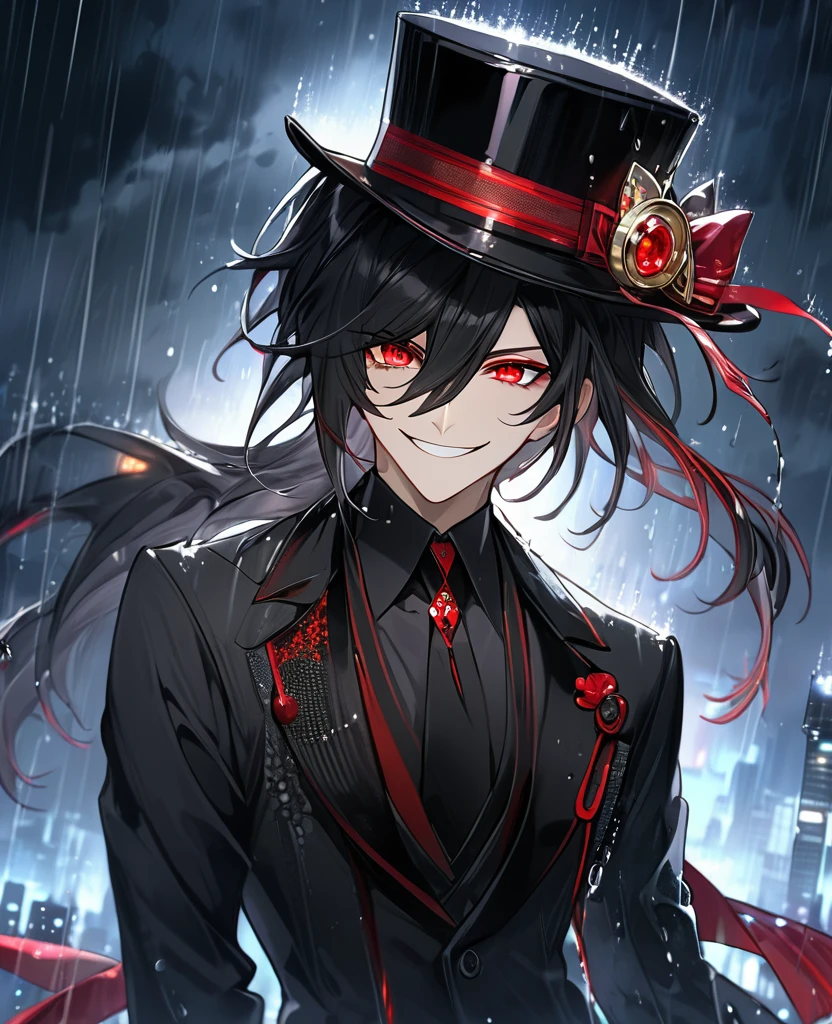 (black_hair), (red_Blood_eyes), (detailed_eyes), (crazy_smile), (attractive), (night_city_background), (raining), (glowing_eyes), (male), (wearing _a_black_suit), (long_male_hair), (detailed_Hair), (detailed), (detailed_mouth), wears a black top hat with a red ribbon edged trim,