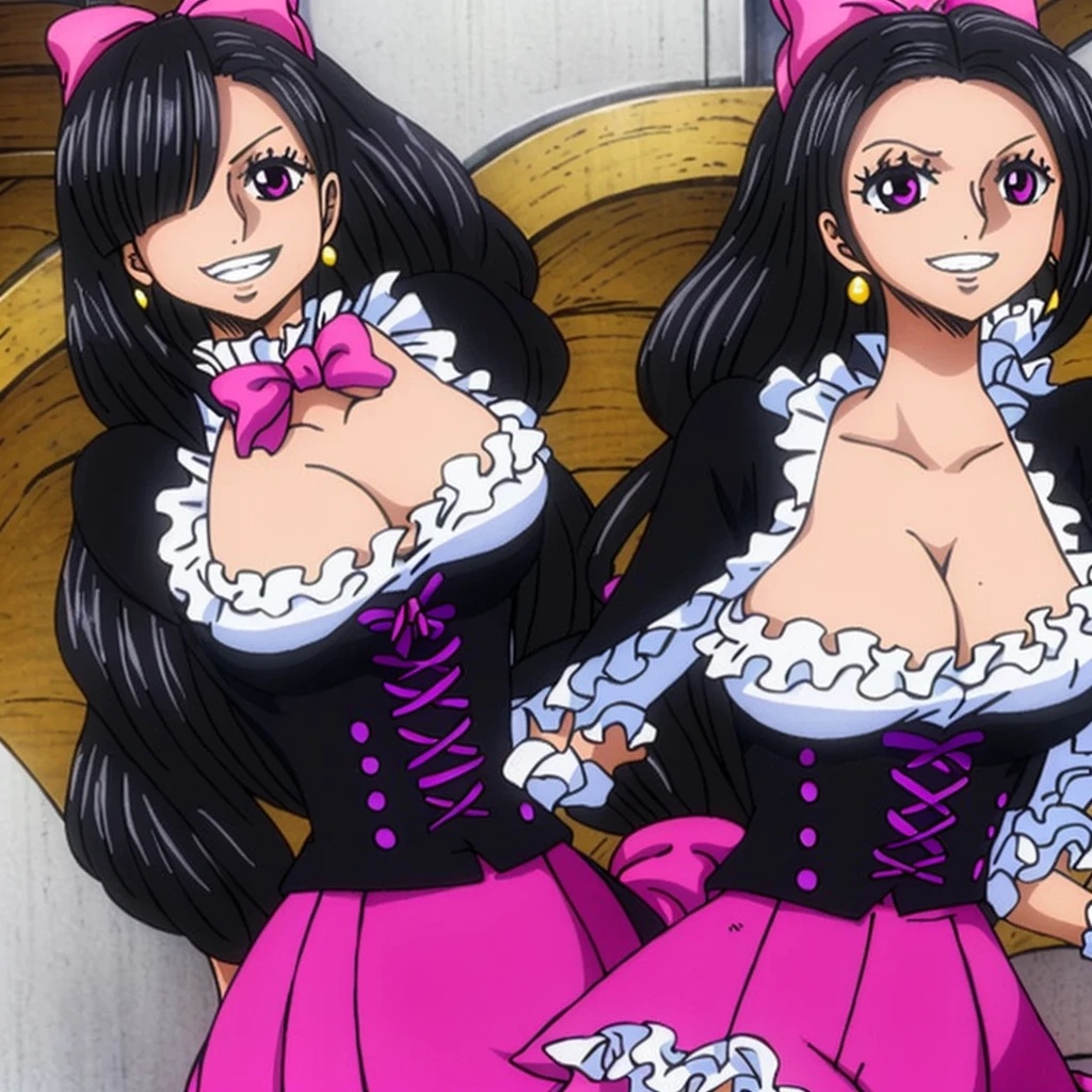 chica de piel morena sonrojada, con el pelo corto y desordenado con flequillo de color negro , ojos grandes y redondos de color negro, hero costume that was a purple corset, a skirt with a pink bow, medias largas con rayas color morado con rosa, y unos zapatos estudiantiles Cute