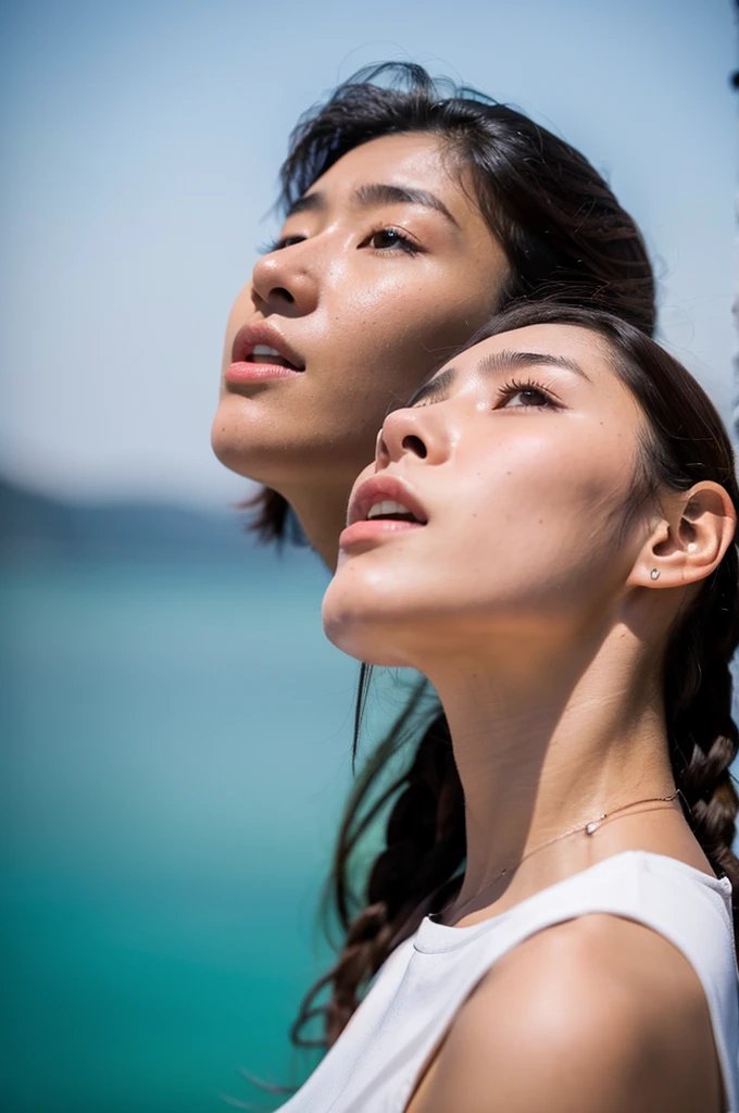Ultra HD,Swollen neck of an 18-year-old girl,From above,look up,Adam's apple and trachea,plump,bangs,short hair,round face,Droopy eyes
