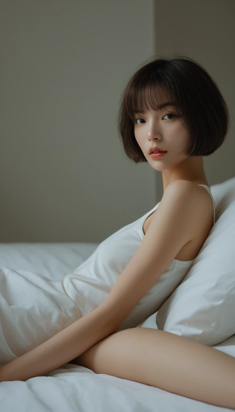 Laying down in the Bed, nude, slender waist, huge , cute face, bob cut hair 