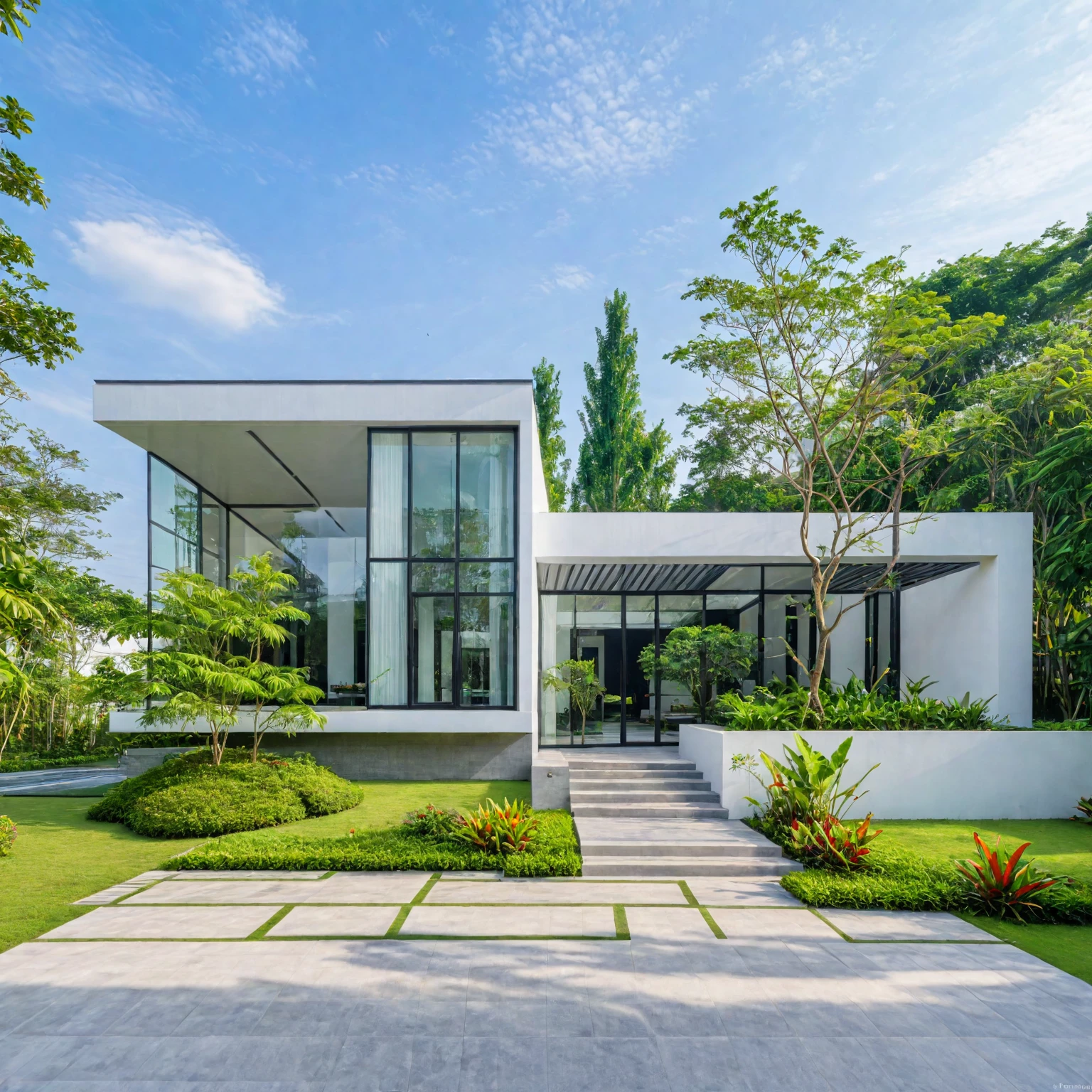 A modern minimalist style single-story villa with a flat roof, white walls and glass windows in Vietnam is surrounded by green lawns, ((road)), ((sidewalk)), (sidewalk trees), The overall architectural design features clean lines and simplicity, creating an elegant atmosphere. Use professional photography techniques to capture details and highlight the unique architecture of contemporary luxury houses in the style of minimalism