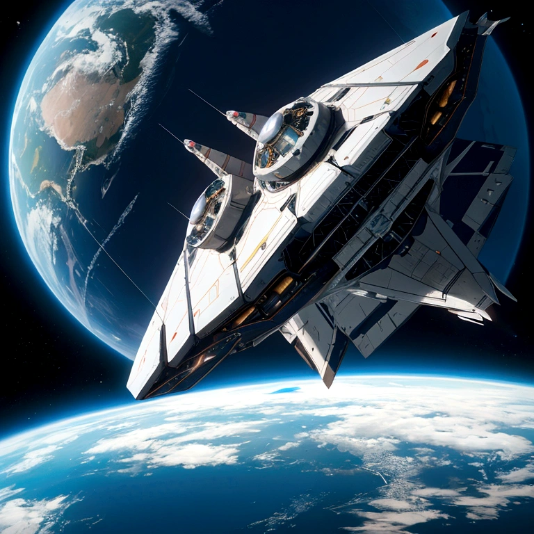 Spaceship flying over the planet
