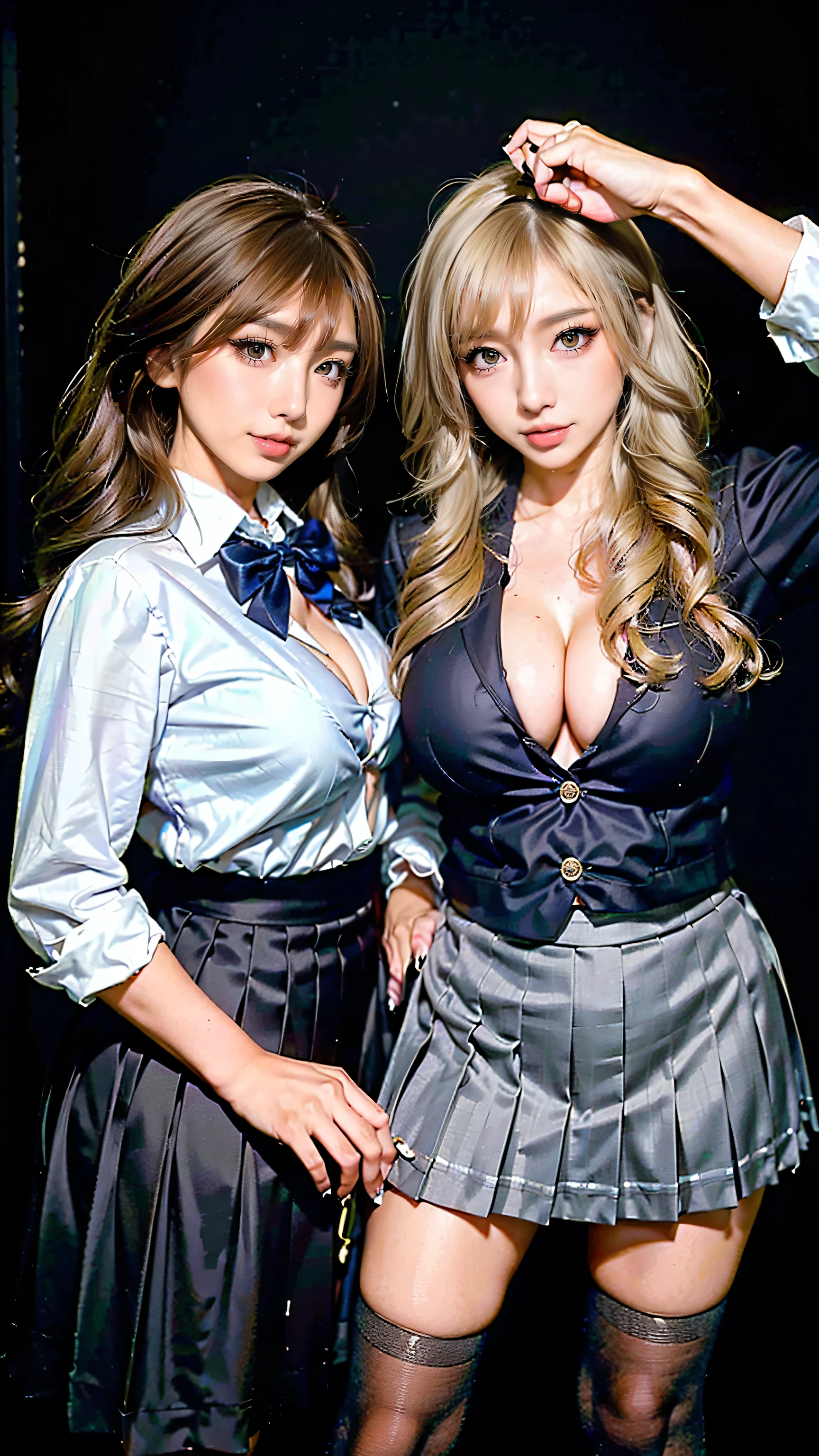 (scene; (2 people:1.8)), Gal, (High school girls 2 people), (Shopping mall, Shopping Street, street, Outdoor), (Look at me Are you standing, Full body portrait, Photograph the whole body, Full-body image, Are standing, With legs spread, Doing sexy poses), (tall, Thin thighs, Long, slender limbs, Small waist), ((Highly detailed skin), Beautiful realistic face, White skin, Pointed Chest, Perfect Anatomy, Realistic eyes, Natural Eyes, Brown eyes, Accurate eye focus, Accurate limbs), (Hyper Realist, Ultra-realistic, 4k, Attention to detail, Ultra-high resolution, Highest quality, masterpiece, Presence, dynamic, Uplifting, bold, Sharpness), (Huge breasts:1.5, Cleavage:1.5), (Blonde long hair:1.5, Wavy long hair:1.5, Curly Hair:1.5), (sleek bangs), (Twin tail hair), (White collared shirt, Pleated mini skirt, Navy colored socks, Black loafers, Ribbon tie), High school girl in uniform, Surreal high school girl, tall, High school girls in uniform, smile, (Emphasis on cleavage), (Are standing Two high school girls:1.8),
