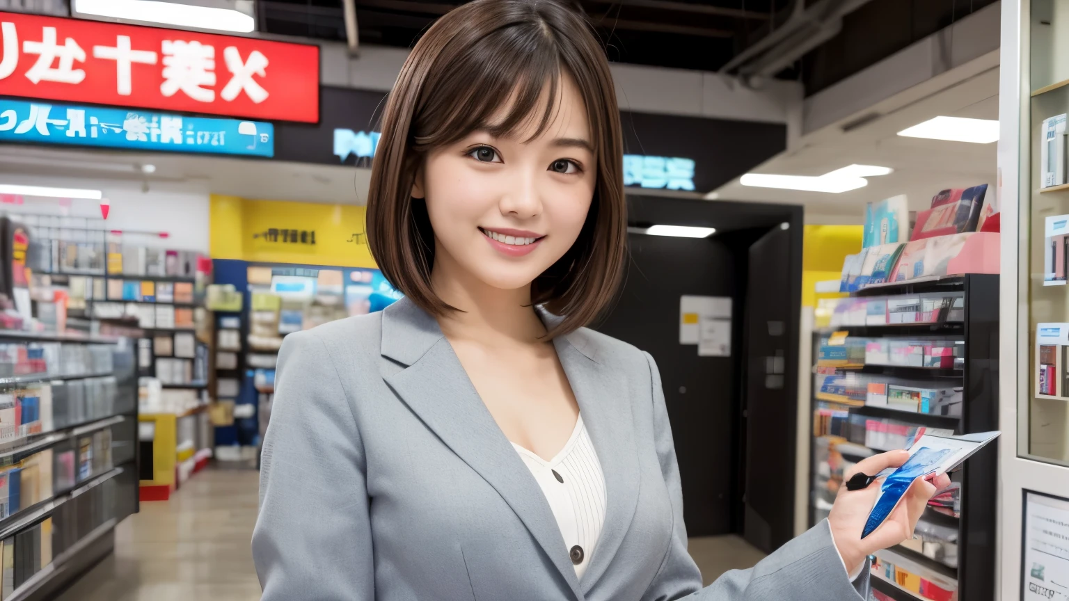 Entrance of electronics store, top quality, figure, super detailed, detailed, high resolution, 8k wallpaper, guide, beautiful in every detail, short bob, small breasts, natural colored lips, smile, Akihabara, 20 year old girl, cute Home appliance clerk store, office staff suit