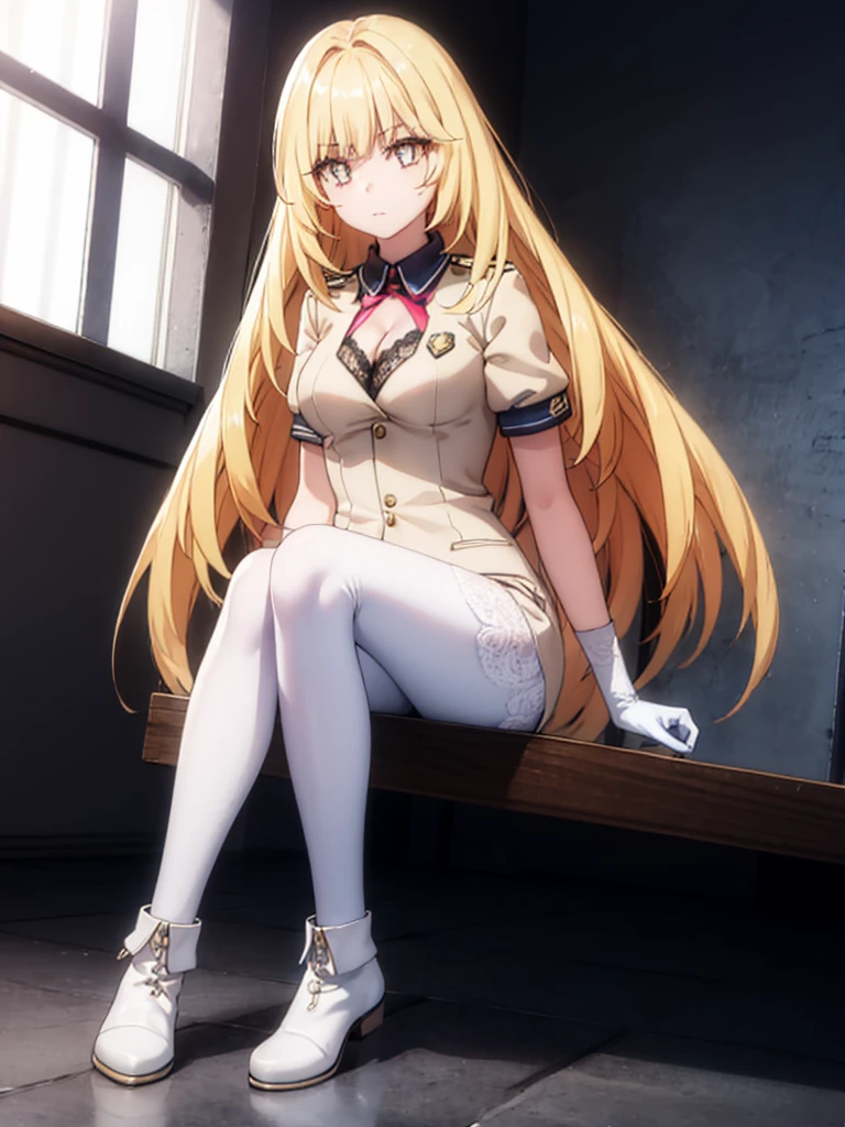 ,long hair,straight_hair,bright_pupils,cleavage,slender_waist,ankle_boots,elbow_gloves,1girl,white_pantyhose,lace,Uniforms