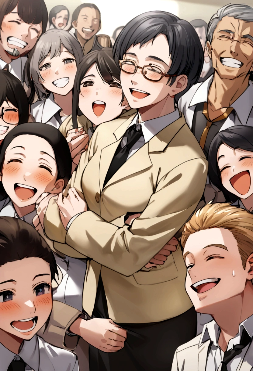 A 50 years old economics teacher who looks like 35, 40 students aged 19 years, enjoying classes, laughing together, expressing deep love and respect