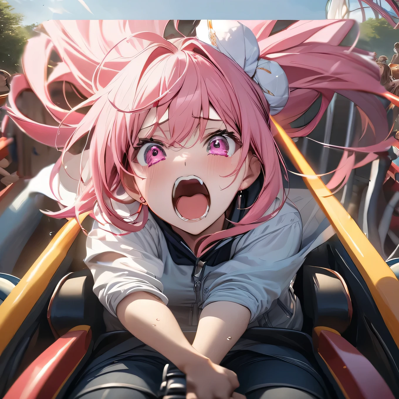 masterpiece, Highest quality, High resolution, {Detailed and beautiful eyes}, finely,  Detailed and beautiful eyes, (Hair Ribbon:0.4), Pink Eyes,(((White bun hair))),(((Long pink hair))),(((Screaming face))),(((Open your mouth wide and scream))),(((I'm crying because I'm scared))),(((Tears))),